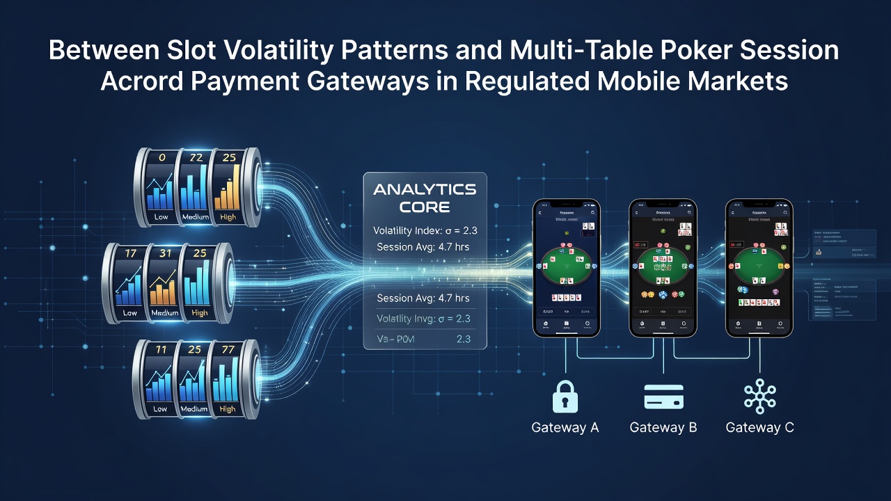 Mobile gaming interface showing slot volatility metrics alongside poker session timers in a regulated app environment