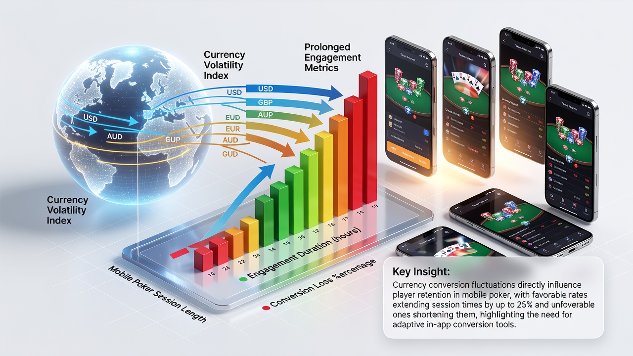 Smartphone screen displaying poker app with live currency conversion calculator and active tournament lobby