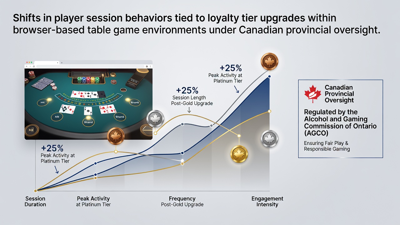 Browser-based table game interface showing loyalty tier progress indicators and session analytics dashboard