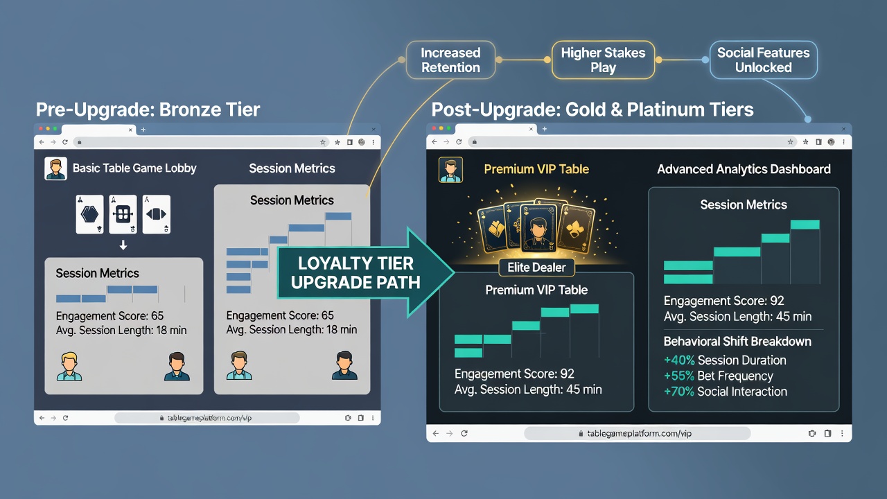 Analytics chart displaying player session duration and bet size increases following loyalty tier promotions in Canadian online table games