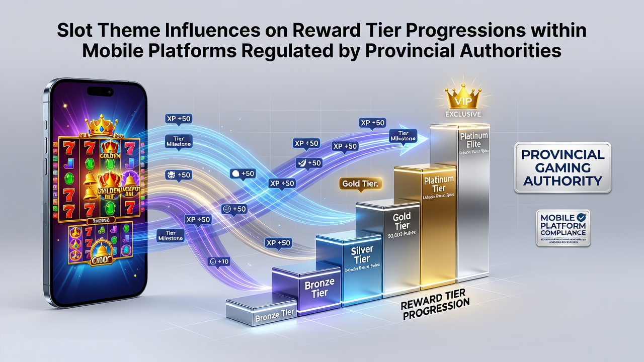 Mobile slot game interface showing theme-based rewards and tier progression indicators on a regulated platform